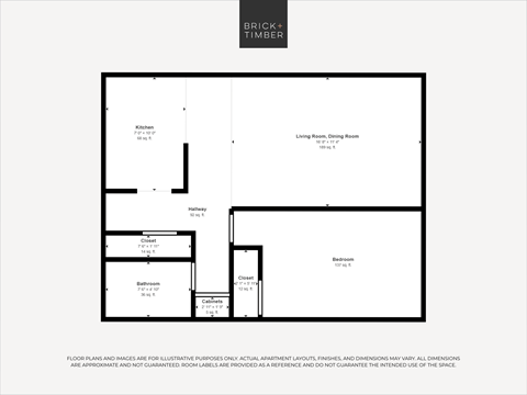 Floor plan for 1 bed, 1 bath, 583 sqft